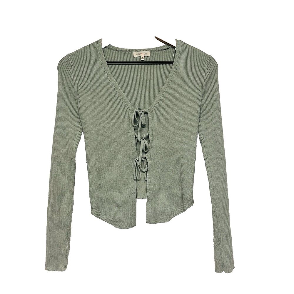 Ultra Flirt Tie Front Knit Cardigan Womens Size M Sage Green Ribbed Y2K 90s